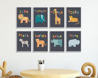 Safari Animals Wall Cards, Safari Decor, Nursery Decor, Nursery Art, Nature Themed Kids Decor, Nature Art, Jungle Themed Nursery.