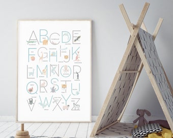 Animal Alphabet Poster Wall Art | Woodland Nursery Decor Educational Chart | ABC Poster Kids Room Decor