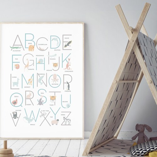 Animal Alphabet Poster Wall Art Woodland Nursery Decor Etsy