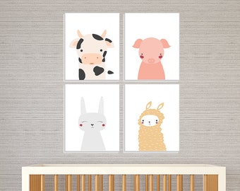 Farm Animal Nursery Decor - Set of Four 11x14" Prints - Farm Nursery Prints - Animal Nursery - Cow, Pig, Bunny, Sheep - Farm Prints