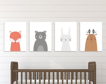 Woodland Animal Nursery Decor -Neutral Nursery Deco- Set of Four 11x14" Woodland Nursery Prints - Forest Nursery - Forest Prints