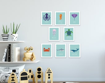 Ocean Animals Mini prints in SPANISH, Sea Animal Decor, Ocean Animal Decor, Nursery Decor, Nursery Art, Nature Themed Kids Decor