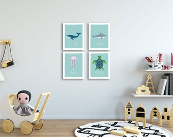 Ocean Theme Nursery Decor - 4 11x14" Spanish Posters (Whale,Shark,Sea Turtle,Jellyfish) - Nursery Art for Bedrooms, Playrooms, or Classrooms