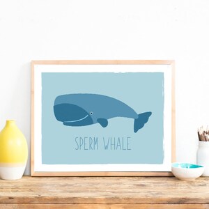 May include: A framed print featuring a blue sperm whale illustration on a light blue background. The text "SPERM WHALE" is printed below the whale. The artwork is displayed on a wooden surface.
