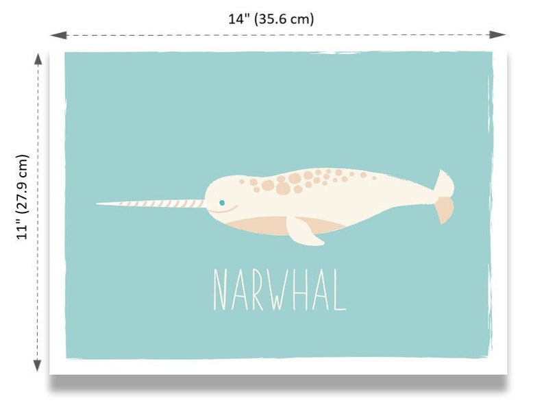 May include: A whimsical illustration of a narwhal on a light blue background. The narwhal is cream-colored with a long, spiraled tusk and a few brown spots. The print is 14 inches (35.6 cm) wide and 11 inches (27.9 cm) tall, with the word "NARWHAL" below.