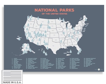 Kid's USA National Parks Map, Map of United States, National Park Posters - National Park Travel Map Decor  - Map of National Parks 63 Parks