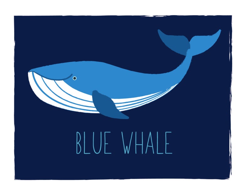 May include: A blue whale illustration on a dark blue background. The whale is depicted in shades of blue with white accents. The text "BLUE WHALE" is written in a playful font below the whale.