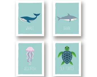 Ocean Nursery Wall Decor, Wall Art Nautical Baby Shower, Ocean Animals Decor, Childs Wall Decor, Whale, Shark, Jellyfish, Sea Turtle