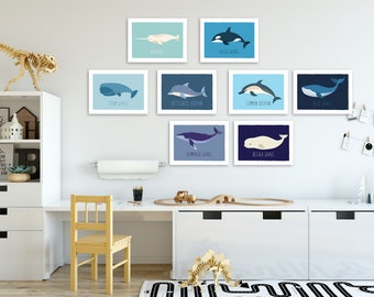 Whale Print Nursery Decor, Ocean Nursery Mini Prints for boy or girl room, Ocean Art for baby nursery, Whale theme wall art for baby shower