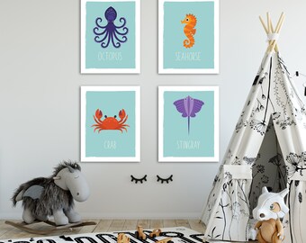 Ocean Nursery Wall Decor, Wall Art Nautical Baby Shower, Ocean Animals Decor, Childs Wall Decor, Octopus, Stingray, Crab, Sea Horse