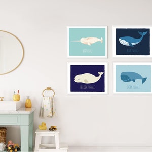 May include: Four framed art prints featuring illustrations of whales. Each print has a different whale species: Narwhal, Blue Whale, Beluga Whale, and Sperm Whale. The prints are in a child's bathroom.