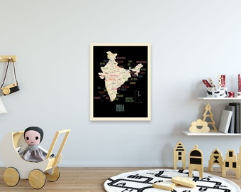 India Map for Kids - Children Travel Decor - Adventure Nursery - Global Inspired Art for Kids - Choose from 2 Colors - Global Nursery