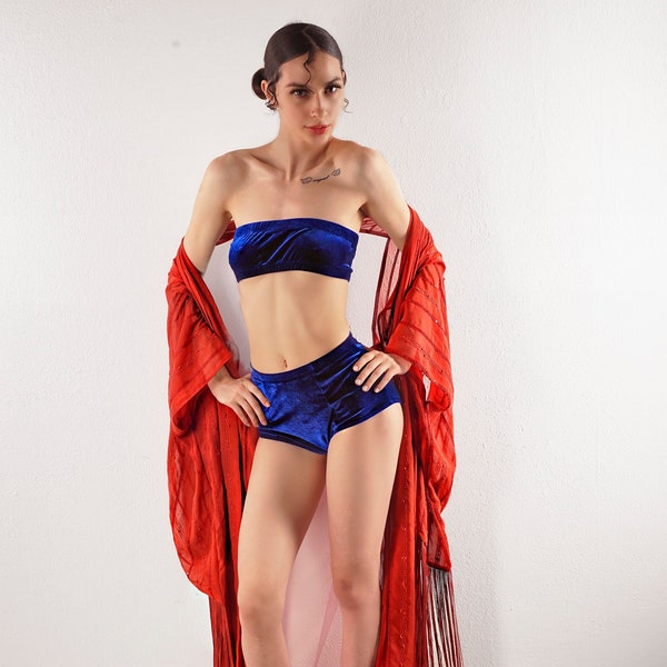 velvet two piece set/blue velvet two piece/blue lounge wear/lounge wear/lingerie/blue velvet lingerie/tube top set/set/sleep set/lounge wear