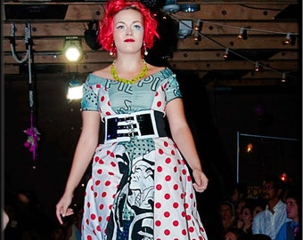 Vintage Cut 1950s Polka Dot Comic Book Dress/ Custom Dress/ 1950s Cut Dress/ Handmade Dress/ Designer Dress/ 1950s/ Vintage Cut Dress