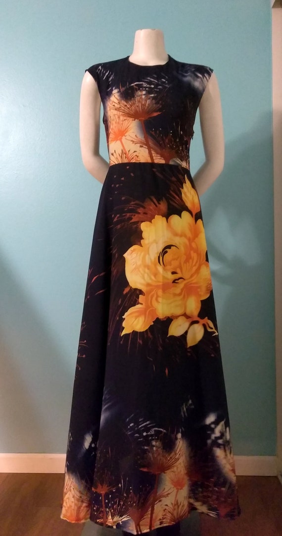 navy blue dress with yellow flowers