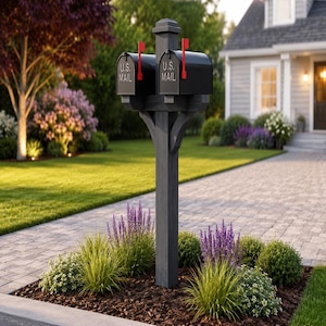 May include: A dual black metal mailbox unit mounted on a dark grey wooden post. Each mailbox features a red signal flag and the text U.S. MAIL embossed on the front. The structure is supported by decorative wooden brackets at the top of the post.
