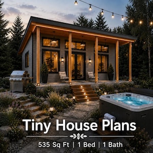 May include: A modern tiny house with grey siding, wooden pillars, and a front porch. The exterior features a stainless steel grill, a hot tub, and string lights. Text reads: Tiny House Plans, 535 Sq Ft | 1 Bed | 1 Bath.