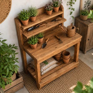 May include: A wooden potting bench with a top shelf, a main work surface, and a lower slatted shelf. The bench holds several terracotta pots with green plants, a metal watering can, hand trowels, a hand rake, and two bags of potting soil.