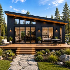 24x36 Small Cottage House Plans, Modern Scandinavian Cabin Design, Lean Roof House Blueprint, PDF Building Plans