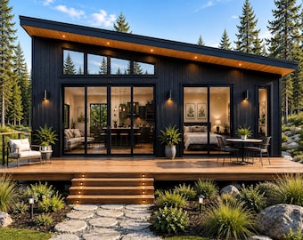 24x36 Small Cottage House Plans, Modern Scandinavian Cabin Design, Lean Roof House Blueprint, PDF Building Plans