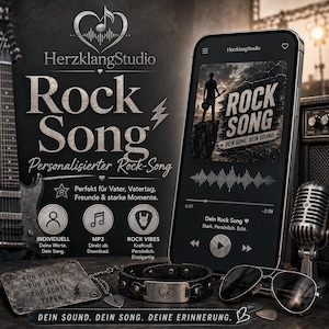 May include: A smartphone displaying a music player interface with the text Rock Song, alongside a black leather bracelet with a metal plate featuring a heart and music note, metal sunglasses, a guitar, a microphone, and a metal plaque with German text.