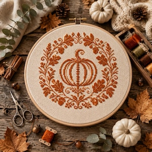 May include: A circular wooden embroidery hoop containing a cross-stitch design on beige fabric. The pattern features a central orange pumpkin surrounded by a wreath of orange oak leaves and acorns. The design is symmetrical and detailed.