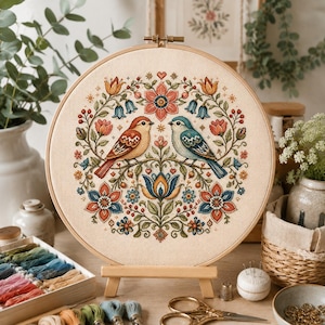 Könnte beinhalten: Ein runder Stickrahmen aus Holz mit einem Kreuzstichmuster auf beigem Stoff. Das Motiv zeigt einen braunen und einen blauen Vogel auf Zweigen, umgeben von einer symmetrischen Anordnung aus bunten Blumen, Blättern und kleinen Beeren.