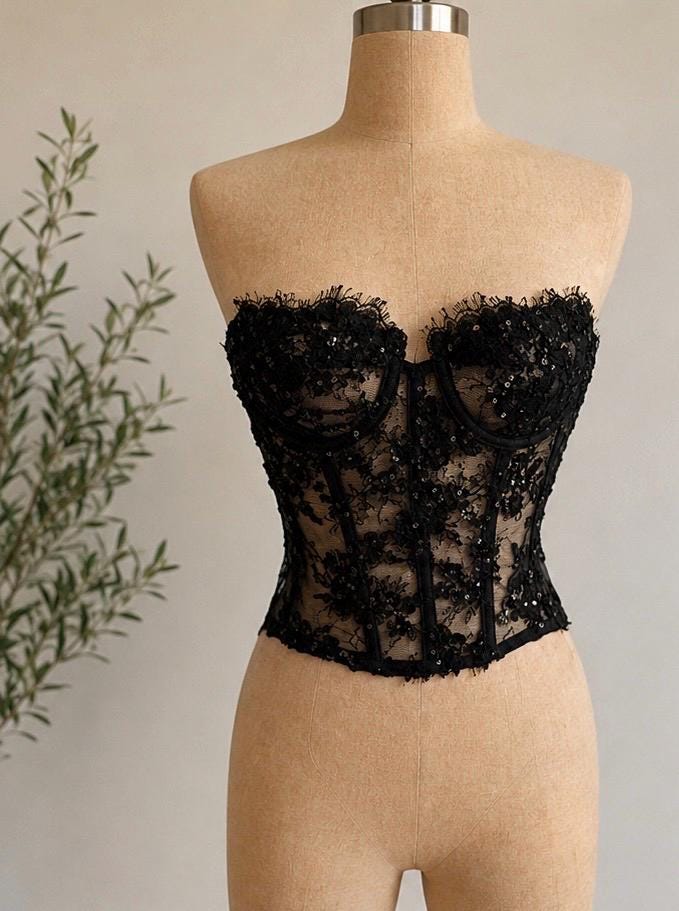 Vintage Victoria's Secret Black Lace Sequin Corset | Sheer Boned Lingerie Top (34 Band)