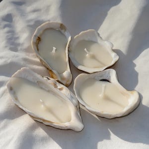 May include: Four individual candles poured into natural oyster shells. Each shell features a smooth, off-white wax fill with a centered cotton wick. The exterior of the shells displays natural variations in tan, brown, and cream tones.