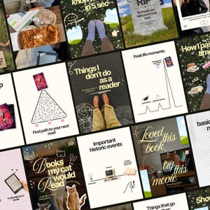 May include: A collage of digital social media graphics featuring book-related themes, including a maze with the text Find path to your next read, a list titled Things I don't do as a reader, and a graphic titled Books my cat would read.