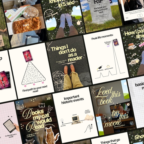 Peut inclure: Un collage de graphiques numériques pour réseaux sociaux sur le thème des livres, incluant un labyrinthe avec le texte Find path to your next read, une liste intitulée Things I don't do as a reader et Books my cat would read.