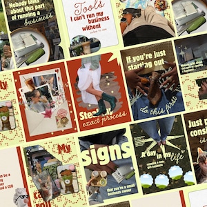 May include: A digital collage featuring multiple lifestyle images including a person in a white skirt and green boots, a cat, iced coffee drinks, a notebook, and text overlays such as "Nobody talks about this part of running a business."