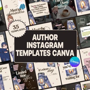 Può includere: Una raccolta di 35 modelli Instagram digitali per autori, progettati per l'uso in Canva. Il layout presenta varie diapositive dai toni beige e scuri con illustrazioni in stile anime, grafiche di copertine di libri e sovrapposizioni di testo, tra cui Author Instagram Templates Canva.
