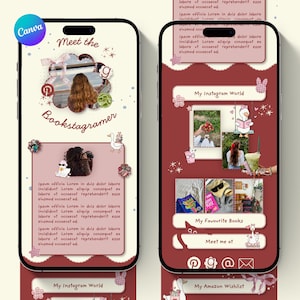 May include: Two smartphones displaying digital profile templates with a cream and dark red color scheme. The screens feature text, photo frames, and illustrations of ducks, flowers, and bows. The text includes Meet the Bookstagramer, My Instagram World, My Favourite Books, and My Amazon Wishlist.