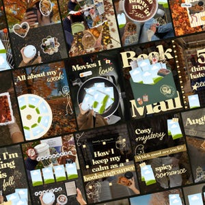 Può includere: Un collage digitale composto da diversi pannelli con immagini a tema autunnale, tra cui tazze di caffè, foglie cadute, libri e sovrapposizioni di testo come 'All about my week', 'Movies I love' e 'Cosy mystery' su sfondi scuri e stagionali.