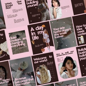 May include: A digital collage of social media templates featuring a pink and dark brown color palette. The graphics include text overlays, photographs of individuals, and illustrations of coffee and pastries, organized in a grid layout.