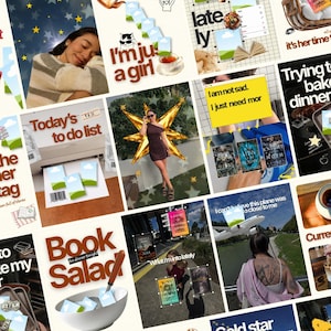 May include: A collage of various digital images featuring text overlays, book covers, a person in a brown dress with a gold star graphic, a person with a back tattoo, a bowl of salad, and a printer with a to-do list, all arranged in a grid layout.