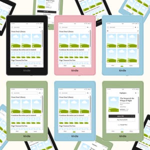 May include: A collection of six Kindle e-readers in black, pink, light blue, and sage green, each displaying a digital interface with the text From Your Library, Continue the series you've started, Page Turners For You, and the Kindle logo.