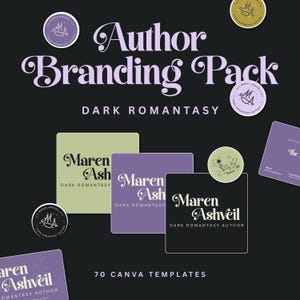 Puede incluir: Un paquete de branding digital para autores con 70 plantillas de Canva. El diseño incluye tarjetas cuadradas y pegatinas circulares en morado, verde y negro con el texto Maren Ashveil Dark Romantasy Author en una fuente serif decorativa.