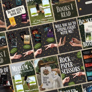 Puede incluir: Un collage digital que presenta múltiples portadas de libros, superposiciones de texto que incluyen 'Do you need a book rec?', 'Books I read', 'Will you go to spring court with me?', 'Museum of my failures' y 'Rock paper scissors', junto a gestos con las manos.