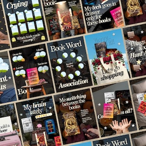 May include: A collage of book-themed social media graphics featuring various book covers, including A Court of Silver Flames and House of Flame and Shadow, alongside text overlays like Crying, Book Word Association, and My brain lately.