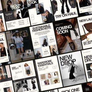 Può includere: Un collage di grafiche di marketing di moda che presenta vari capi di abbigliamento tra cui blazer, pantaloncini di jeans, gonne e vestiti, con una tipografia audace come Back in Stock, Sustainable Fashion Note, New Drop e Wardrobe Essentials.