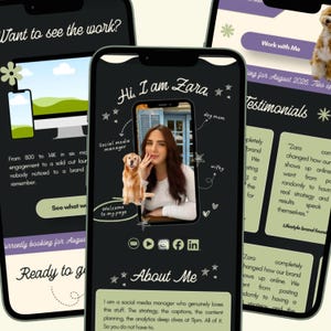 May include: Three smartphones displaying a dark-themed website with light green accents. The central screen features the text 'Hi, I am Zara,' a photo of a person with a golden retriever, and social media icons. The design includes star doodles.