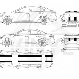 May include: A black and white technical line drawing of a sedan car shown from the side, front, rear, and top views. The vehicle features a dual racing stripe graphic design running across the hood, roof, and trunk in a bold black color.