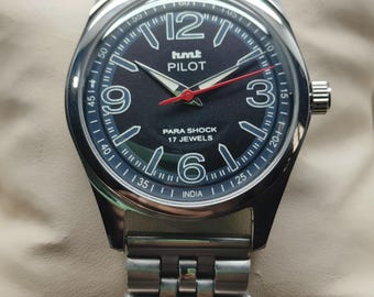 Montre homme vintage HMT Pilot Para Shock 17 rubis, cadran noir, bracelet en acier inoxydable