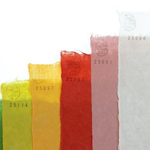 May include: A set of rectangular sheets of textured paper arranged in a stepped pattern, featuring colors of dark green, light green, yellow, orange, red, pink, and white. Each sheet displays a circular stamp and a unique five-digit number.