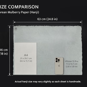 May include: A rectangular sheet of light gray Korean Mulberry Paper (Hanji) with deckled edges. The paper measures 24.8 inches by 18 inches. An A4 sheet and an iPhone 15 Pro are placed on the paper for scale. Text includes SIZE COMPARISON, Korean Mulberry Paper (Hanji), A4, iPhone 15 Pro, and a disclaimer about handmade variations.