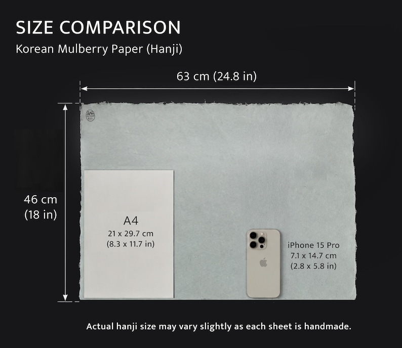 May include: A rectangular sheet of light gray Korean Mulberry Paper (Hanji) with deckled edges. The paper measures 24.8 inches by 18 inches. An A4 sheet and an iPhone 15 Pro are placed on the paper for scale. Text includes SIZE COMPARISON, Korean Mulberry Paper (Hanji), A4, iPhone 15 Pro, and a disclaimer about handmade variations.