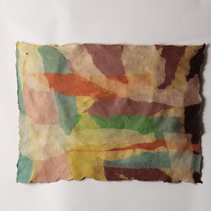 May include: A rectangular piece of textured, handmade paper featuring an abstract collage of overlapping, irregular shapes in muted tones of sage green, dusty pink, burnt orange, mustard yellow, deep maroon, and cream with deckled edges.