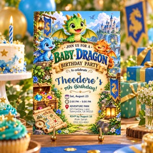 Könnte beinhalten: Eine rechteckige Geburtstagseinladungskarte mit Illustrationen von grünen, blauen und orangefarbenen Babydrachen, einer Burg und einer Schatztruhe. Der Text lautet: JOIN US FOR A BABY DRAGON BIRTHDAY PARTY to celebrate Theodore's 7th Birthday!